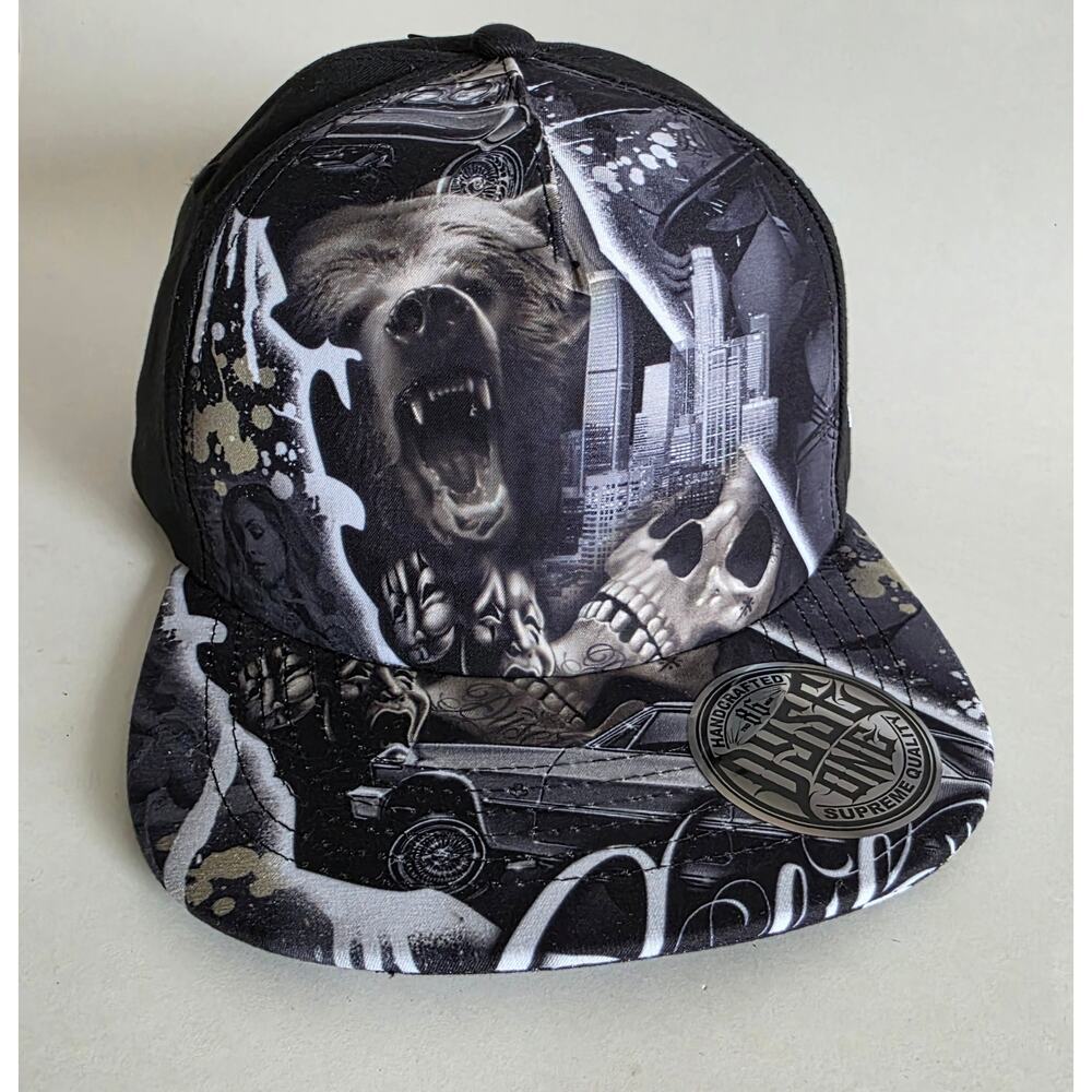 Dyse One Black Snapback Hat Bear Skull Lowrider Graphic OSFM